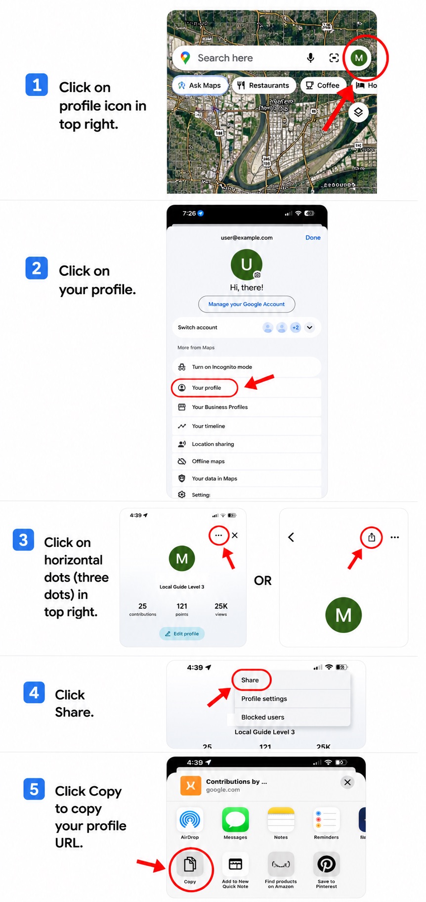 Step-by-step screenshots: open the Google Maps app, tap your profile icon in the top right, tap Your profile, tap the three dots or the share icon, tap Share, then tap Copy to copy your profile URL.